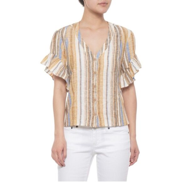DREW Tops - DREW Anthropologie Linen Blend Striped Ruffle Short Sleeve Top Blouse Size Large